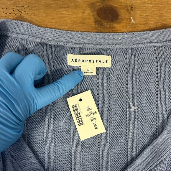 AEROPASTLE Sz M Blue Cropped Ribbed Button Up Preppy Comfort V Neck Long Sleeve - Picture 5 of 8